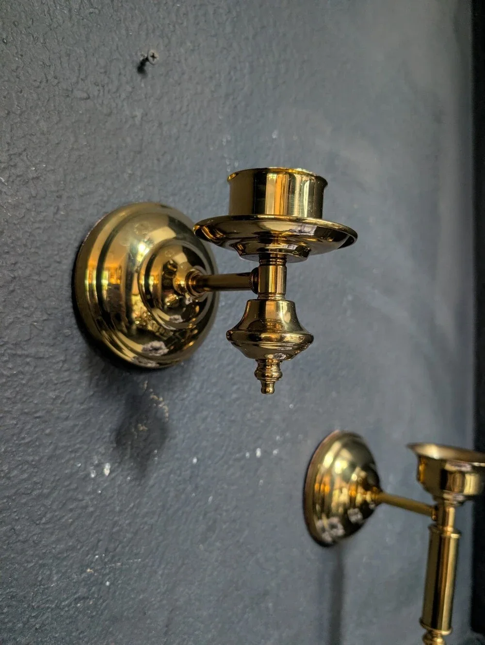 Vintage, set of 2,  MCM Polished Gold Metal Wall sconce candle holders, 4-6 inch